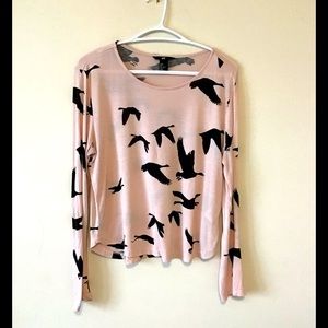 H&M long sleeve scoop neck birds on light pink top